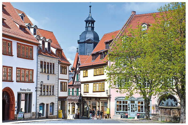 Eine große Burg auf einem bewaldeten Hügel bei klarem Himmel.